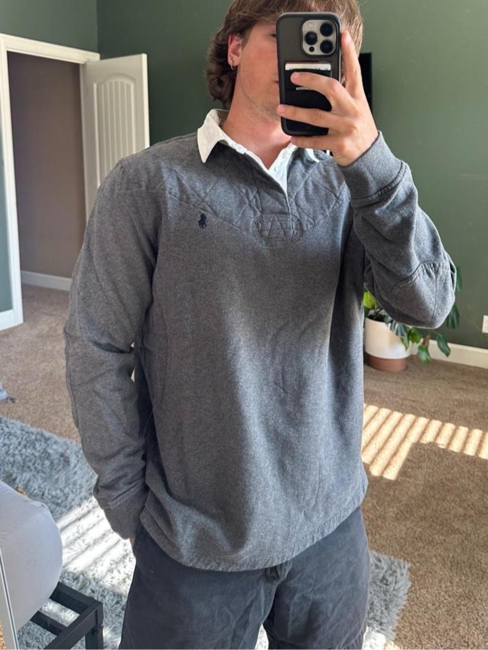 VintagePolo Ralph Lauren Charcoal Gray Long Sleeve Rugby Shirt with White Collar